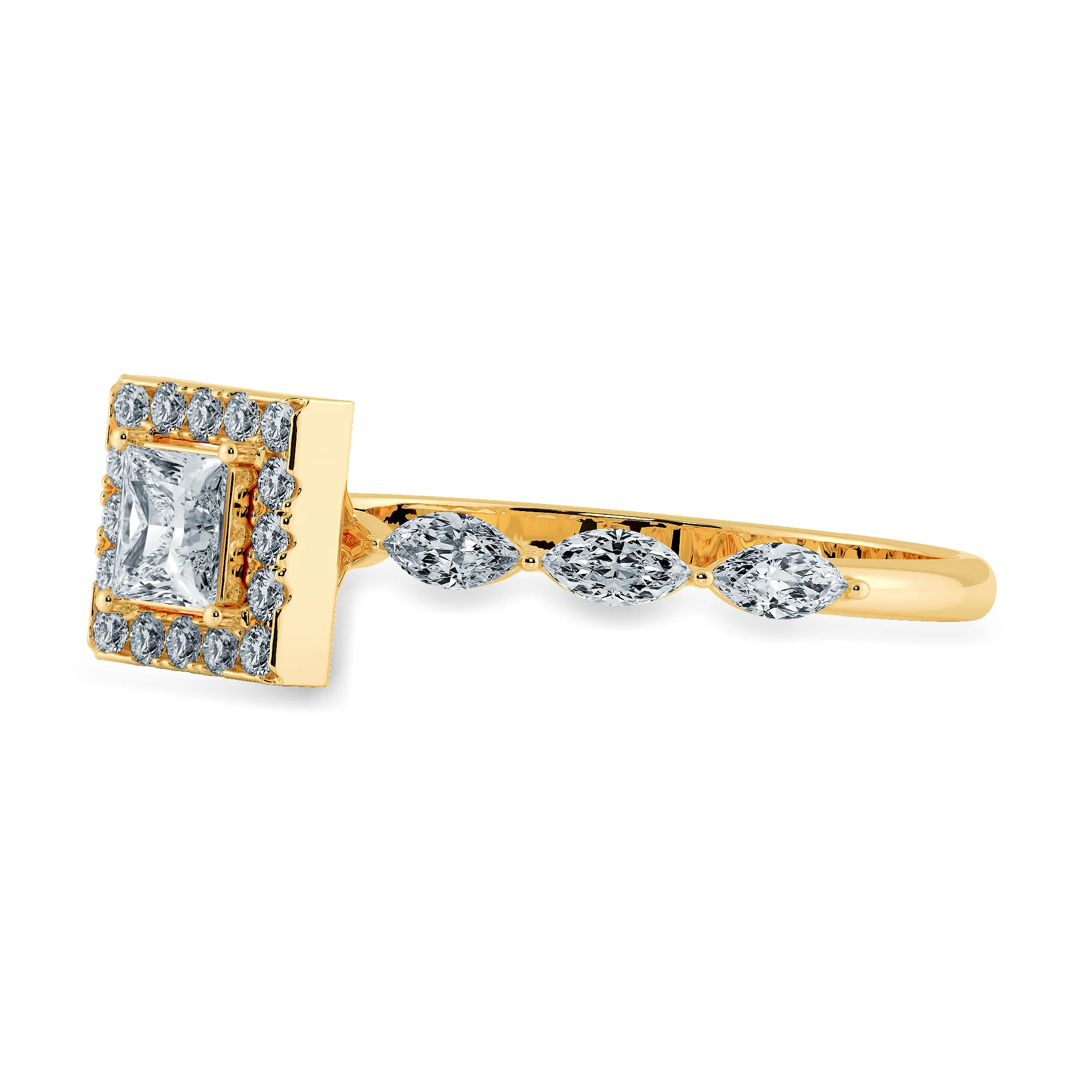 1-Carat Princess Cut Solitaire Halo Diamond with Marquise Cut Diamond Accents 18K Yellow Gold Ring JL AU 1277Y-C