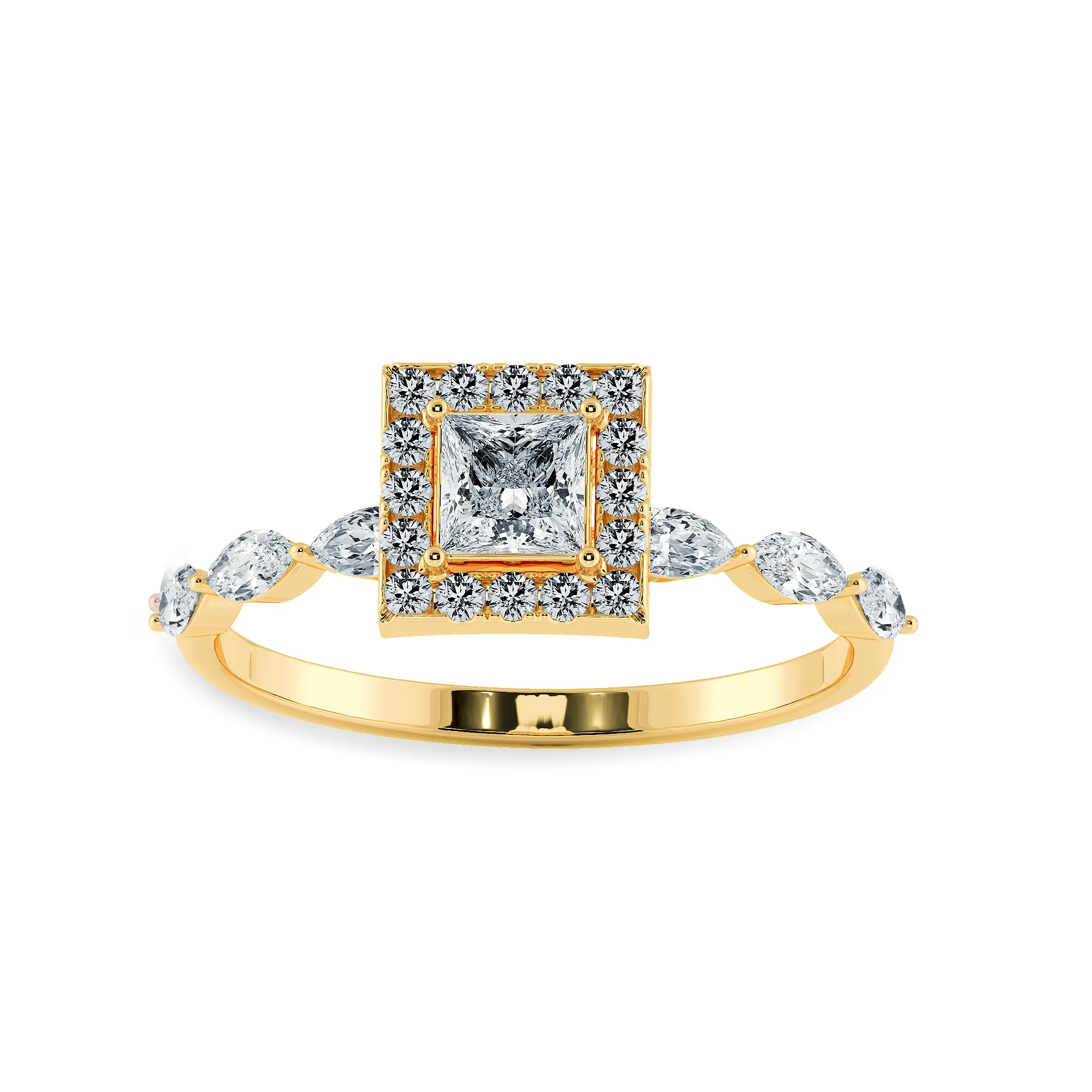 1-Carat Princess Cut Solitaire Halo Diamond with Marquise Cut Diamond Accents 18K Yellow Gold Ring JL AU 1277Y-C