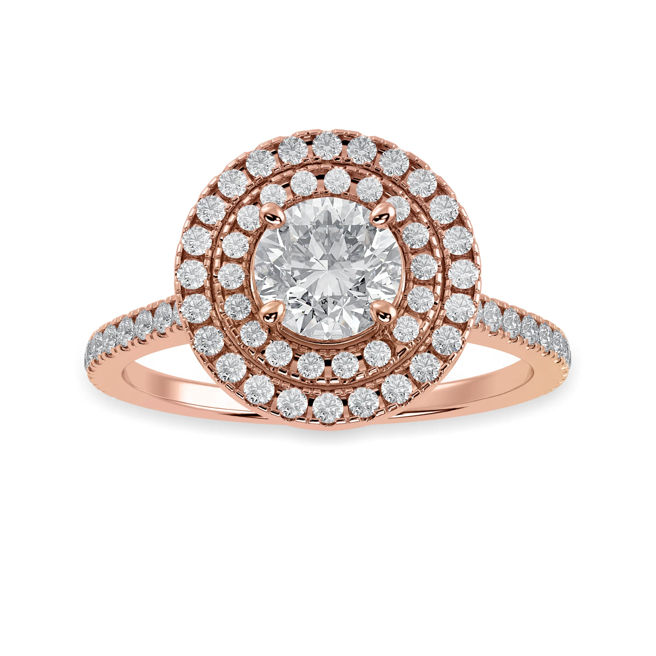 1-Carat Solitaire Double Halo Diamond Shank 18K Rose Gold Ring JL AU 1302R-C