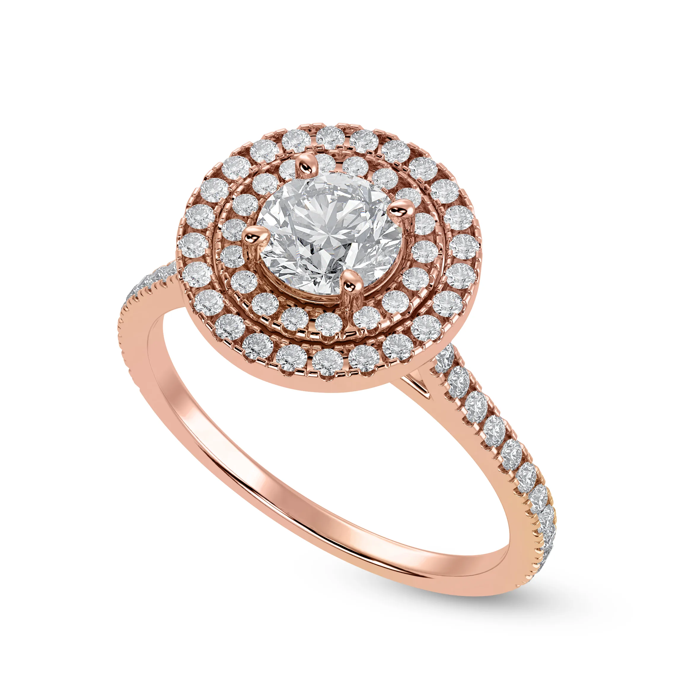 1-Carat Solitaire Double Halo Diamond Shank 18K Rose Gold Ring JL AU 1302R-C
