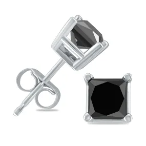 1 Carat TW Princess Square Black Diamond Solitaire Earrings in 10K White Gold