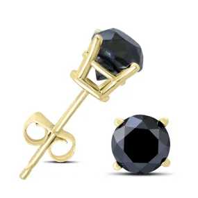 1 Carat Tw Round Black Diamond Solitaire Stud Earrings In 10K Yellow Gold