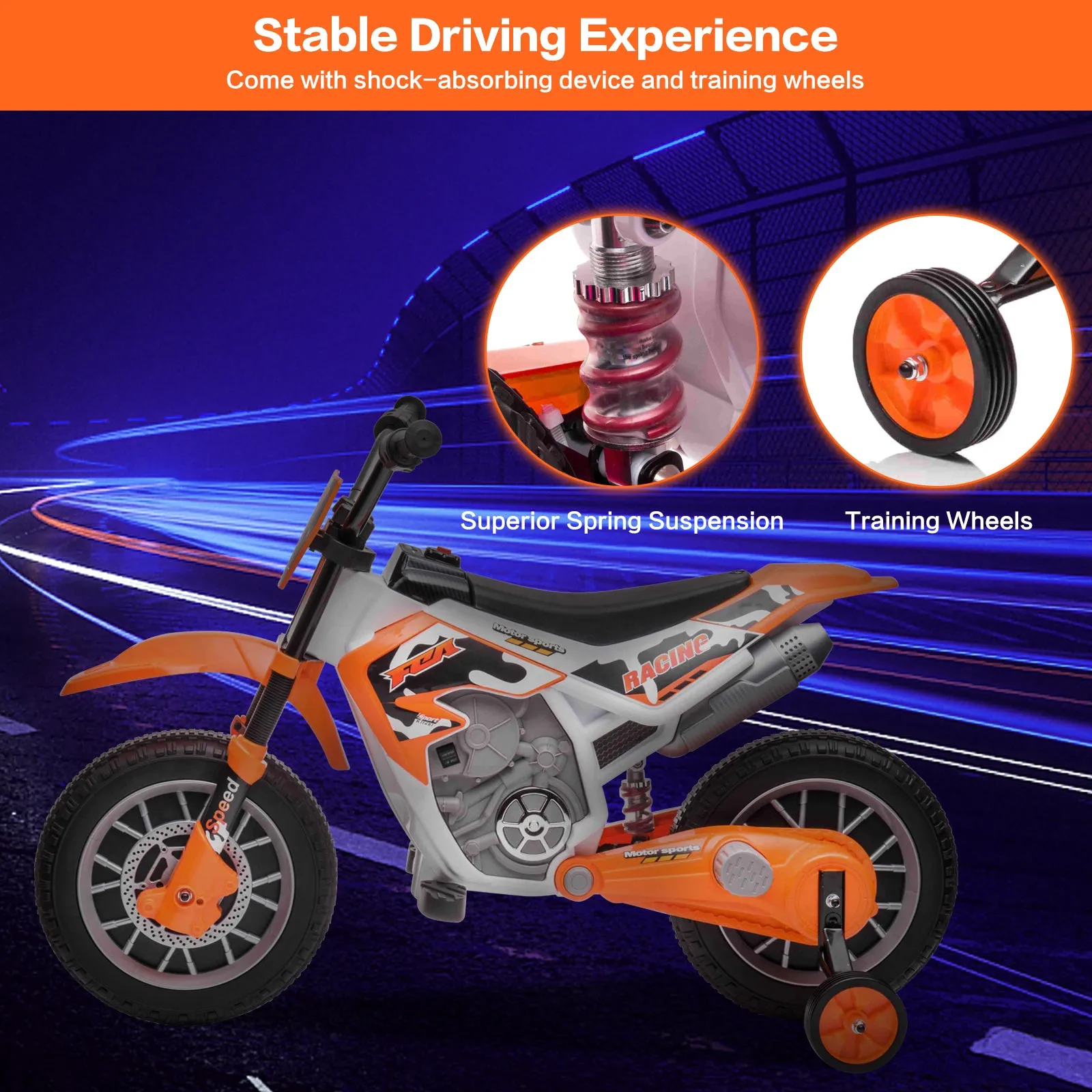 12V Kids Electric Ride on Motorcycle Off-Road Vehicle Battery Powered Dirt Bike with Spring Suspension, Training Wheels, 2 Speeds, MP3 Music
