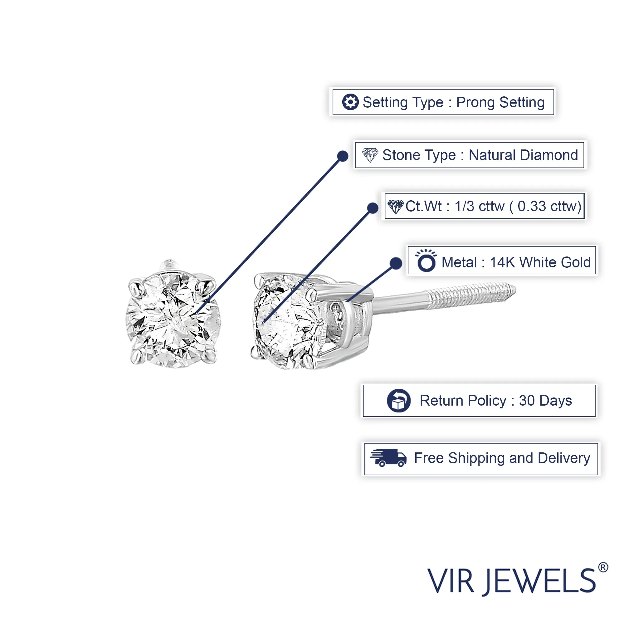 1/3 cttw VS2-SI1 Certified Diamond Stud Earrings 14K White Gold Round Screw Backs