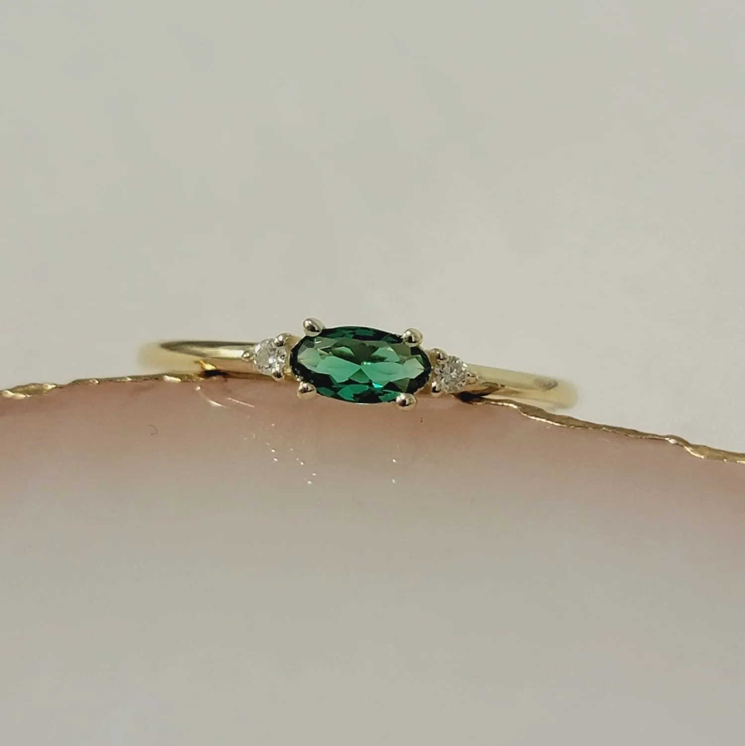 14k Gold  Oval Emerald With Diamond Ring