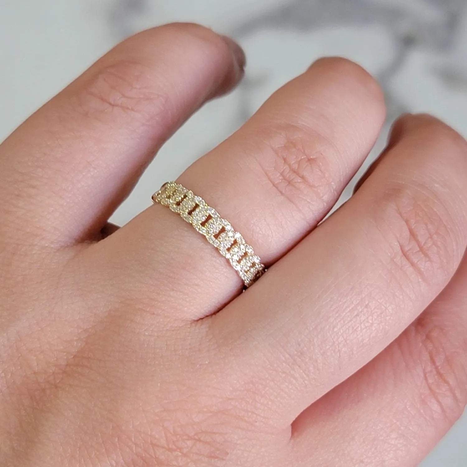 14k Solid Gold Diamond Pavé Cuban Curb Link Ring