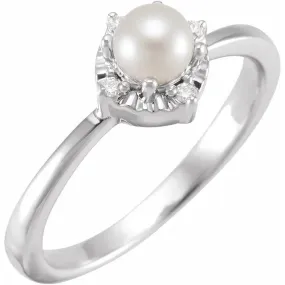 14K White Gold Cultured White Freshwater Pearl & .04 CTW Natural Diamond Halo-Style Ring