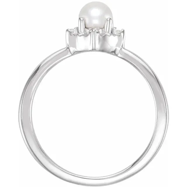 14K White Gold Cultured White Freshwater Pearl & .04 CTW Natural Diamond Halo-Style Ring