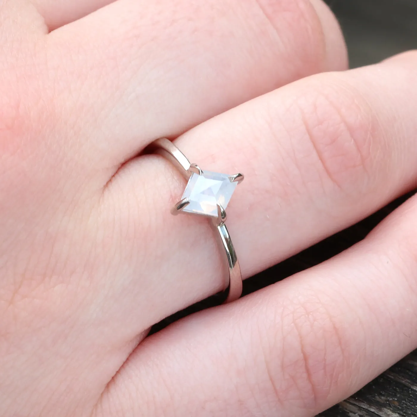 18ct White Gold Kite Shape Solitaire Opalescent Diamond Ring