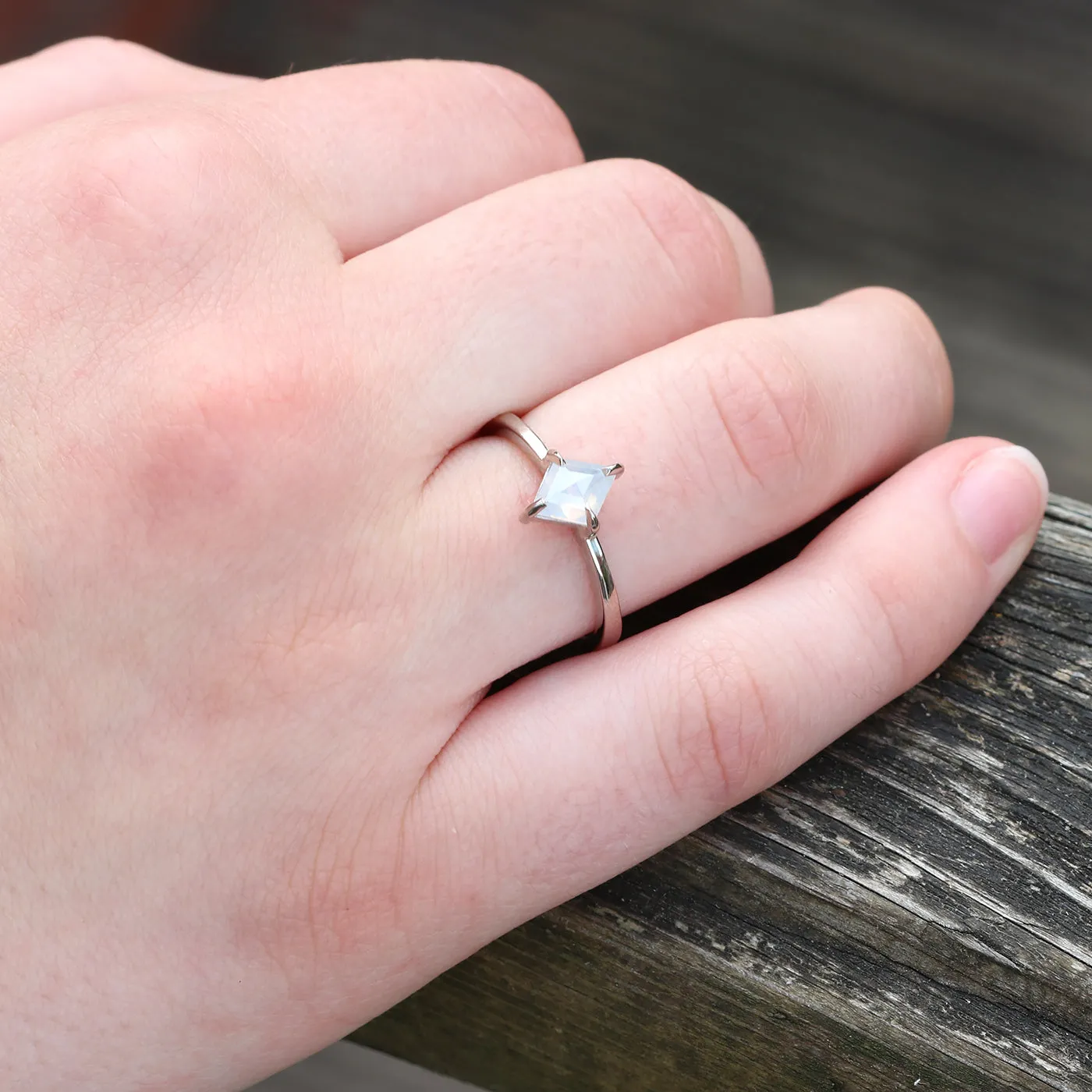 18ct White Gold Kite Shape Solitaire Opalescent Diamond Ring