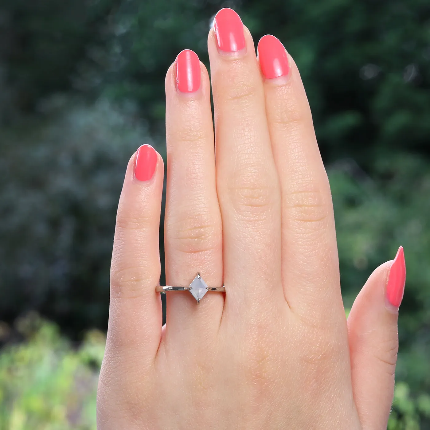 18ct White Gold Kite Shape Solitaire Opalescent Diamond Ring