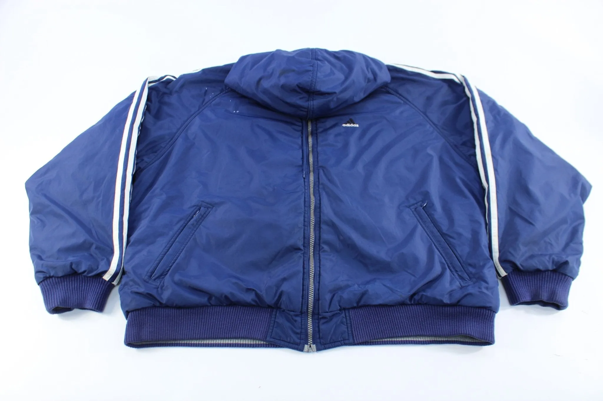Adidas Embroidered Logo Navy Blue & White Striped Reversible Zip Up Jacket