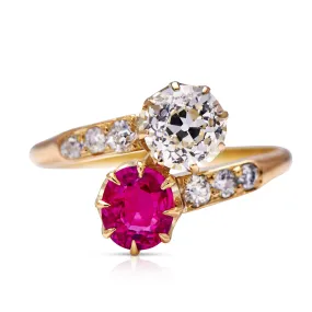 Antique,  Edwardian Burmese ruby and diamond ring toi et moi engagement ring