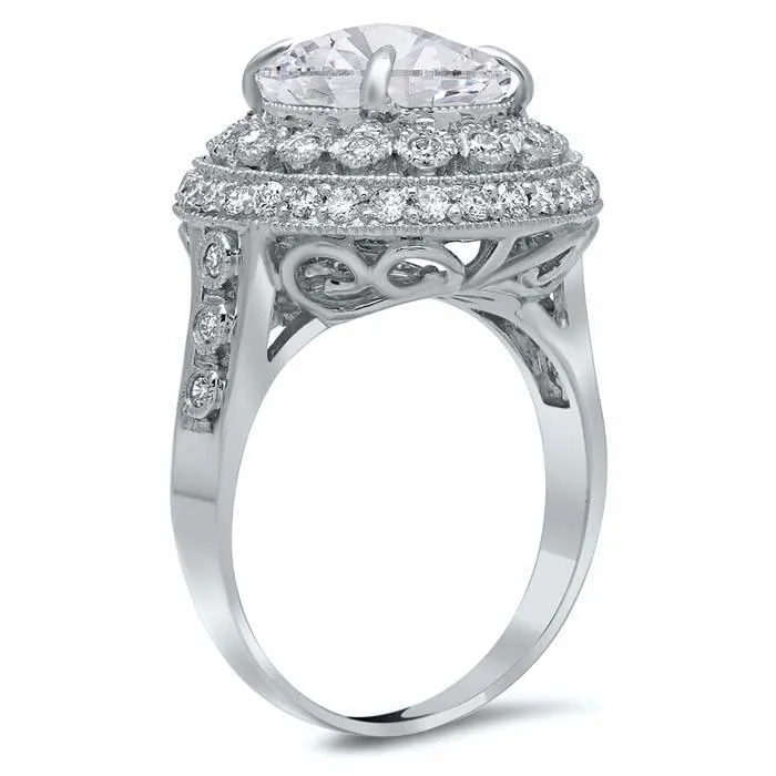 Bezel and Pave Halo Engagement Ring with Milgrain
