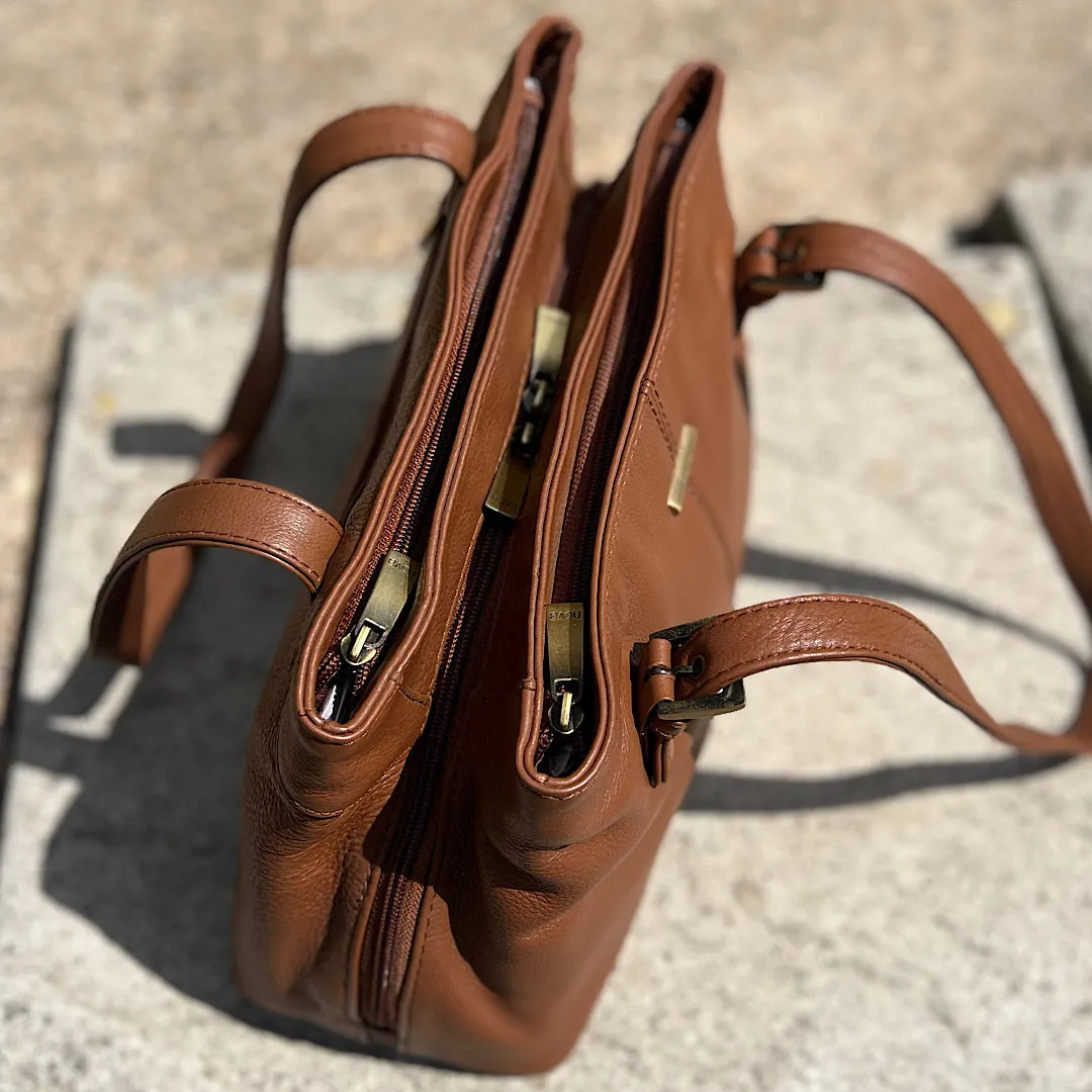 Chestnut Triple Zip Top Classic Leather Shoulder Bag
