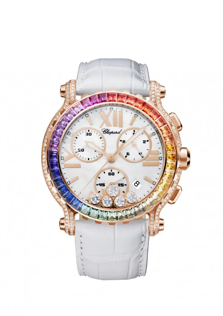 Chopard Happy Sport Chono Ethical 18K Rose Gold & Diamonds & Colored Sapphires Ladies Watch