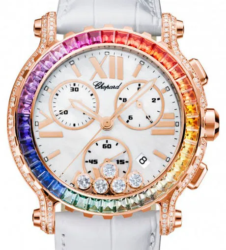 Chopard Happy Sport Chono Ethical 18K Rose Gold & Diamonds & Colored Sapphires Ladies Watch