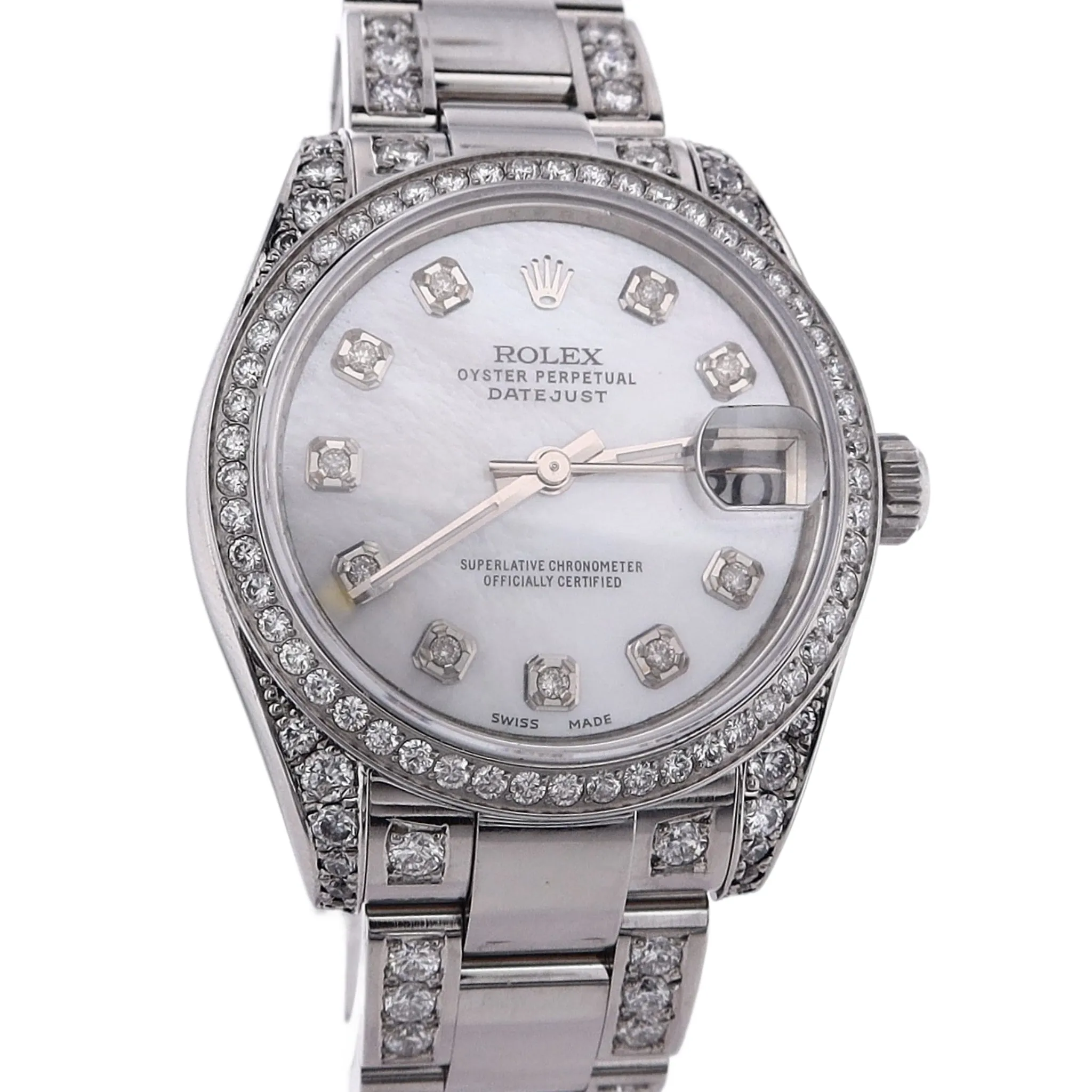 Estate Rolex STL OPDJ 31mm Custom Mother of Pearl Diamond Dial Custom Diamond Bezel Custom Diamond Oys Brac 178240 C.2008