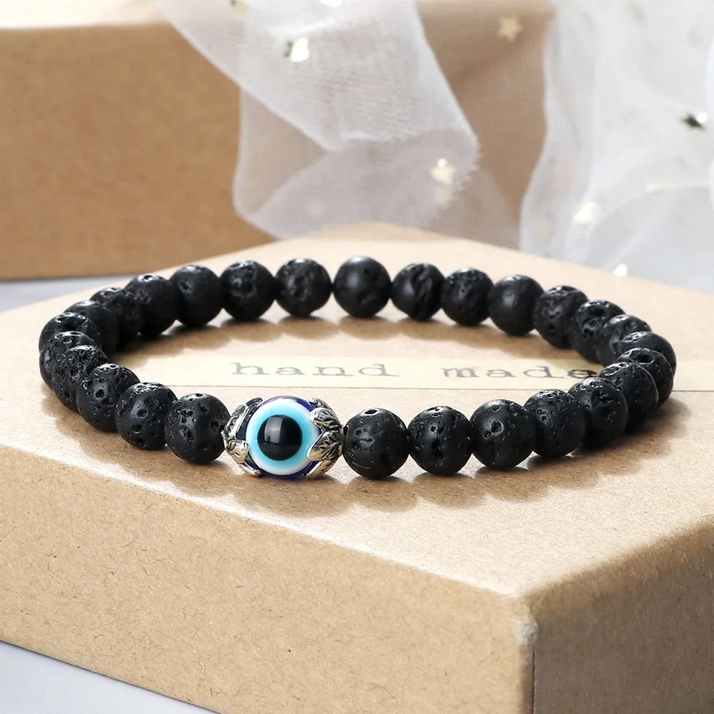 Fashion Turkish Blue Evil Eye Bracelets For Women Men 6mm Tiger Eye Lava Stone Onyx Beads Bracelet