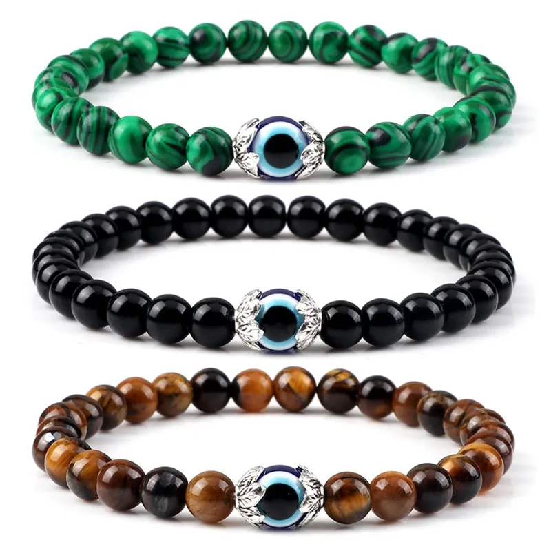Fashion Turkish Blue Evil Eye Bracelets For Women Men 6mm Tiger Eye Lava Stone Onyx Beads Bracelet