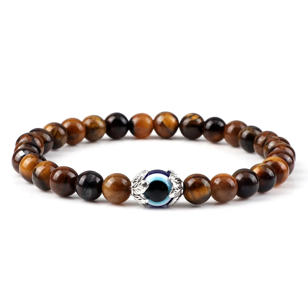Fashion Turkish Blue Evil Eye Bracelets For Women Men 6mm Tiger Eye Lava Stone Onyx Beads Bracelet