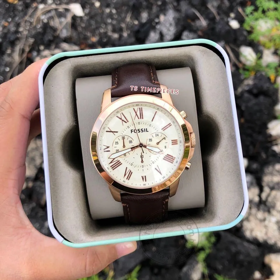 Fossil Chronograph Brown Leather Men's Watch For Man FS-4991 (FS-BW) Off White Color Dial Gift Date Watch
