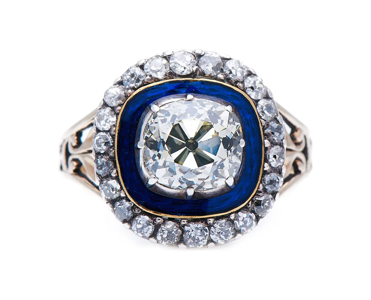 Georgian, 19th century, 18ct gold, silver, diamond and enamel cluster ring