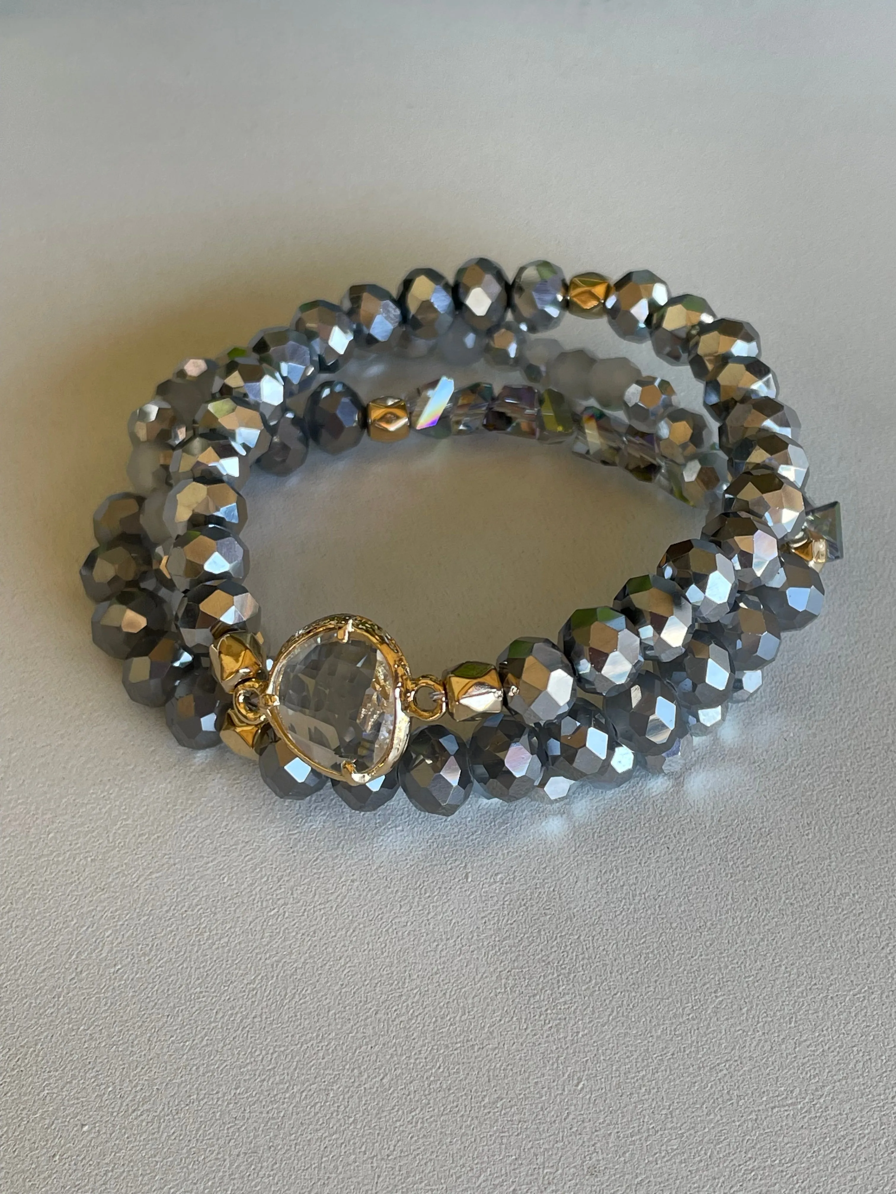 Grey & Gold Glass Beaded Set of 3 Stretch Bracelets