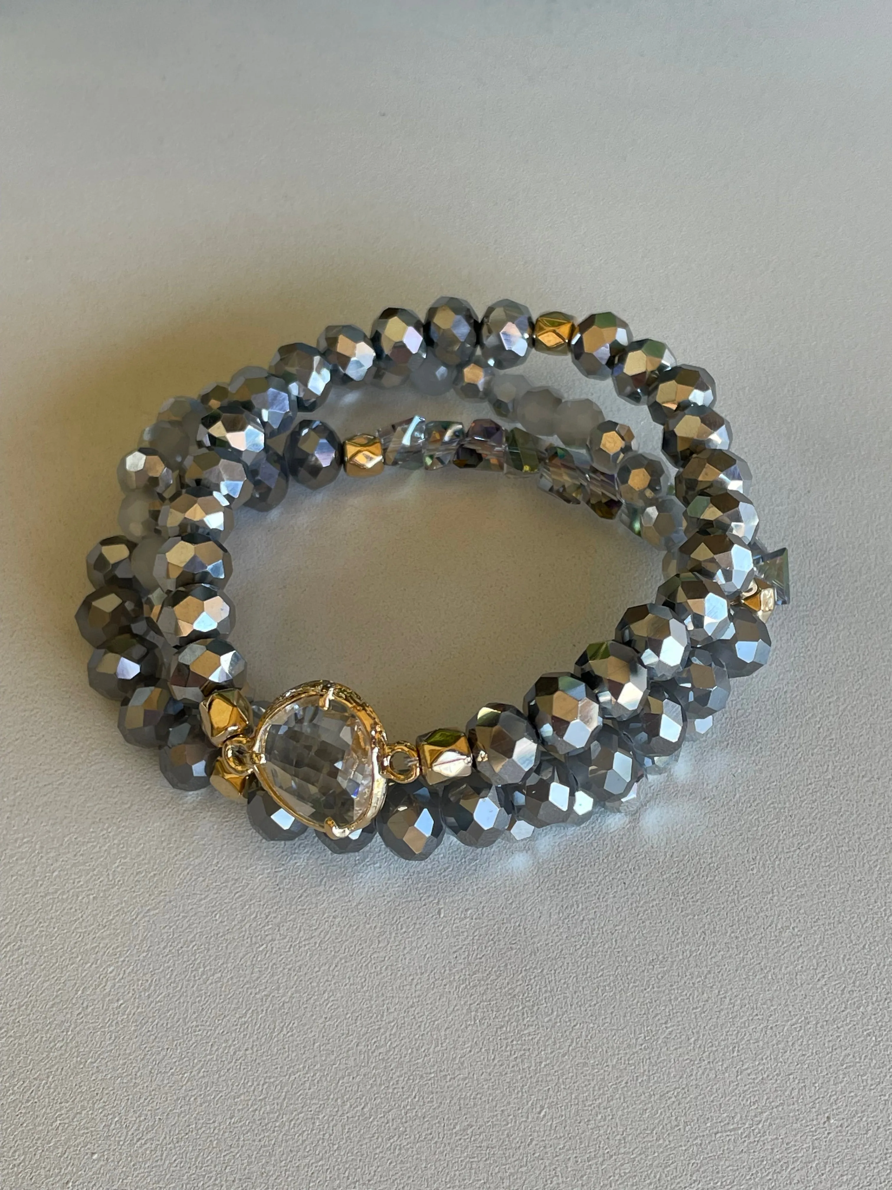 Grey & Gold Glass Beaded Set of 3 Stretch Bracelets