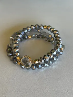 Grey & Gold Glass Beaded Set of 3 Stretch Bracelets