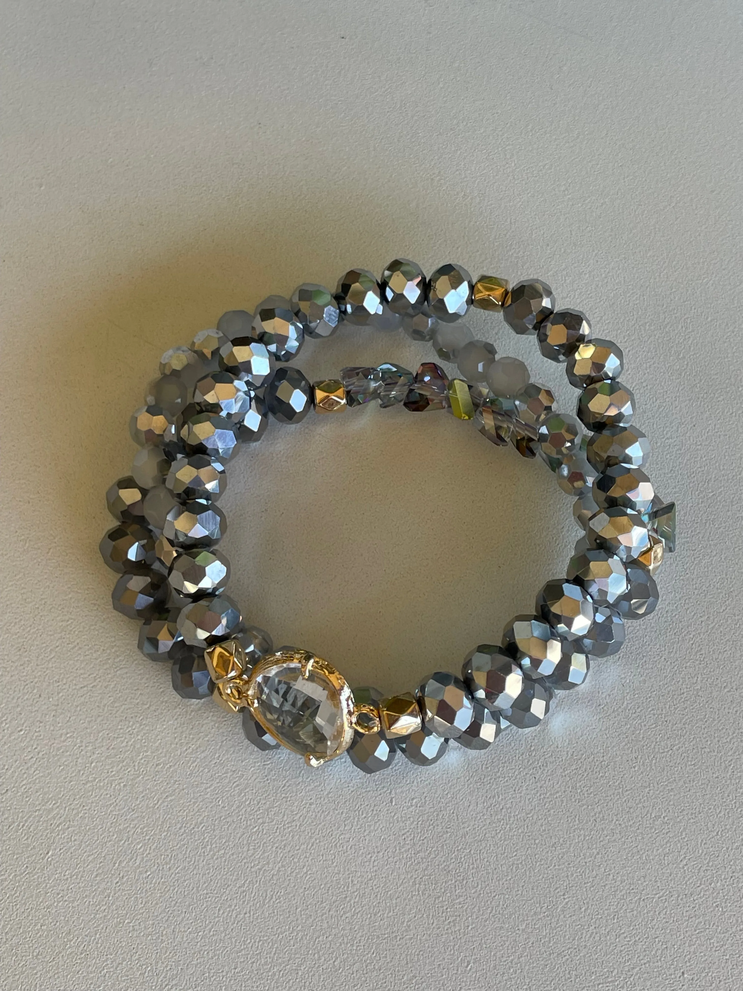 Grey & Gold Glass Beaded Set of 3 Stretch Bracelets