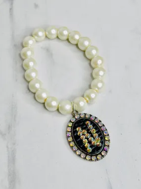 Initial Iridescent Bubble Beaded Bracelet- Black Leather