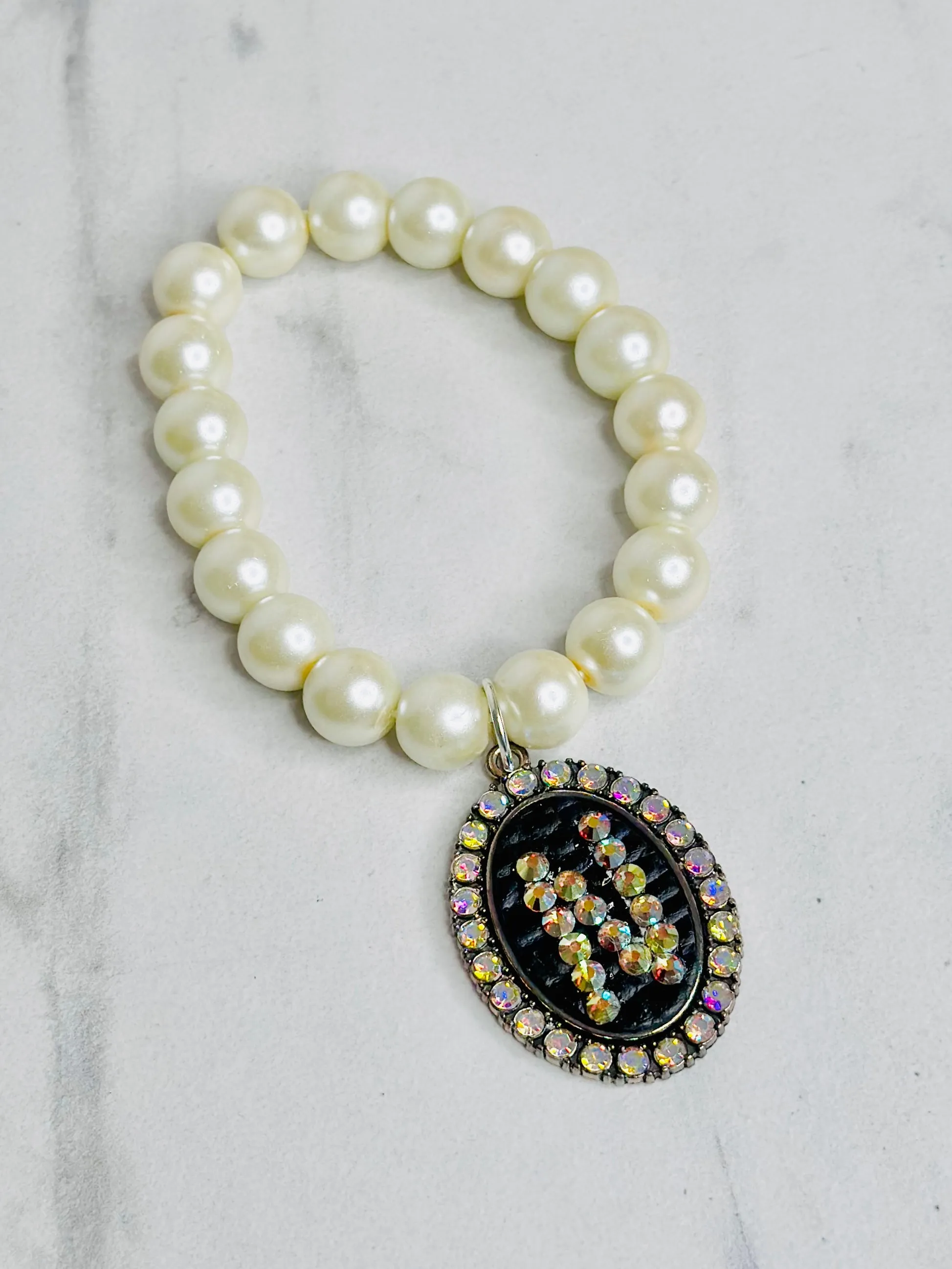 Initial Iridescent Bubble Beaded Bracelet- Black Leather