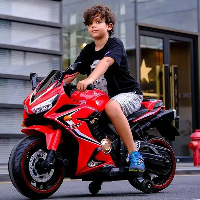 Kids Ride On Electric Motorcycle 12v7 Battery With Training Wheels Leather Seat