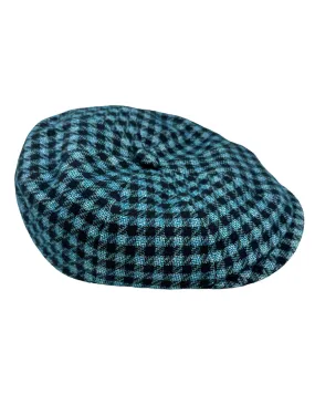 Kiton Flat Cap Cashmere Wool Aqua Black Gingham Newsboy Hat