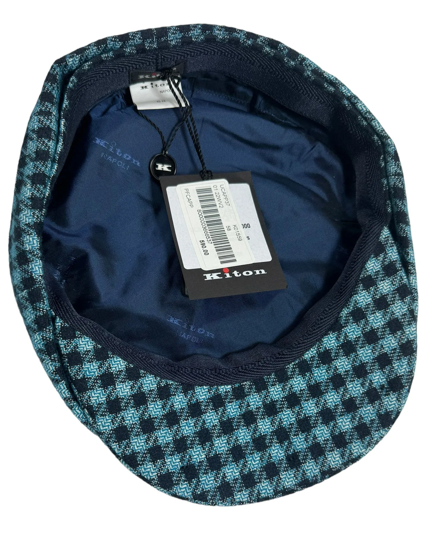 Kiton Flat Cap Cashmere Wool Aqua Black Gingham Newsboy Hat