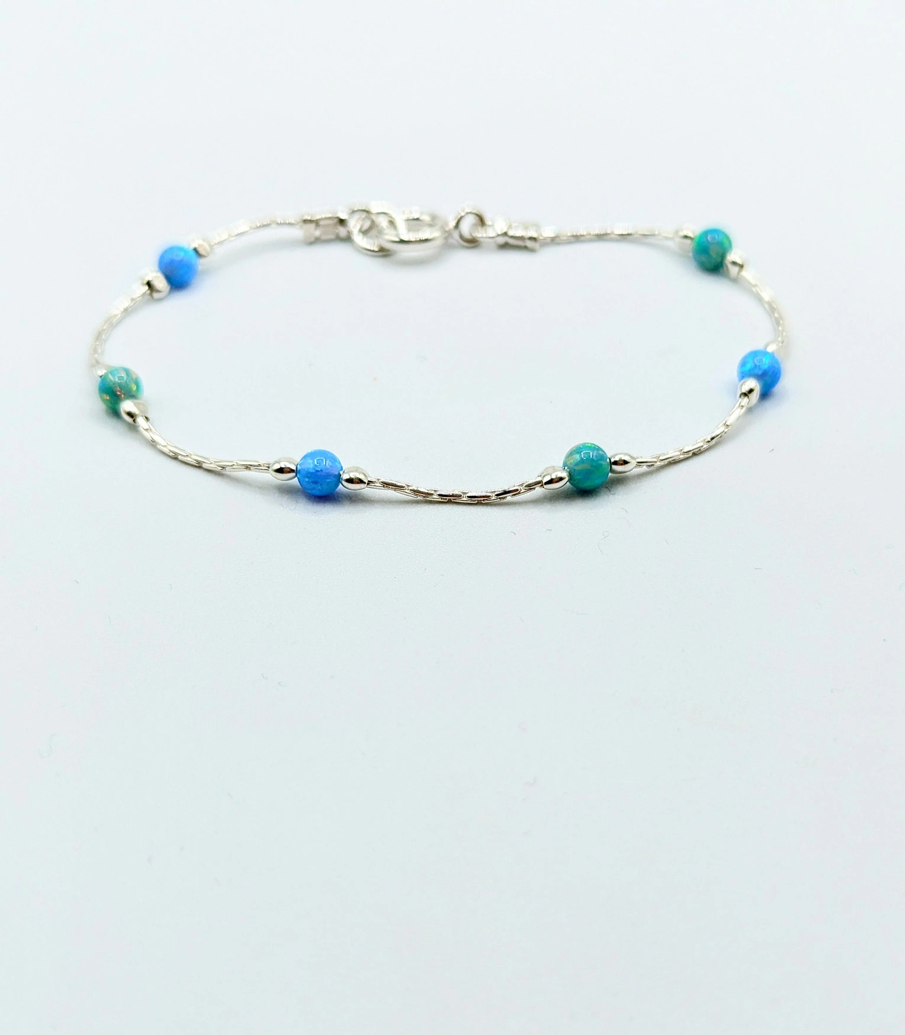 Lavan Blue and Green Opal Bead and Silver Bracelet