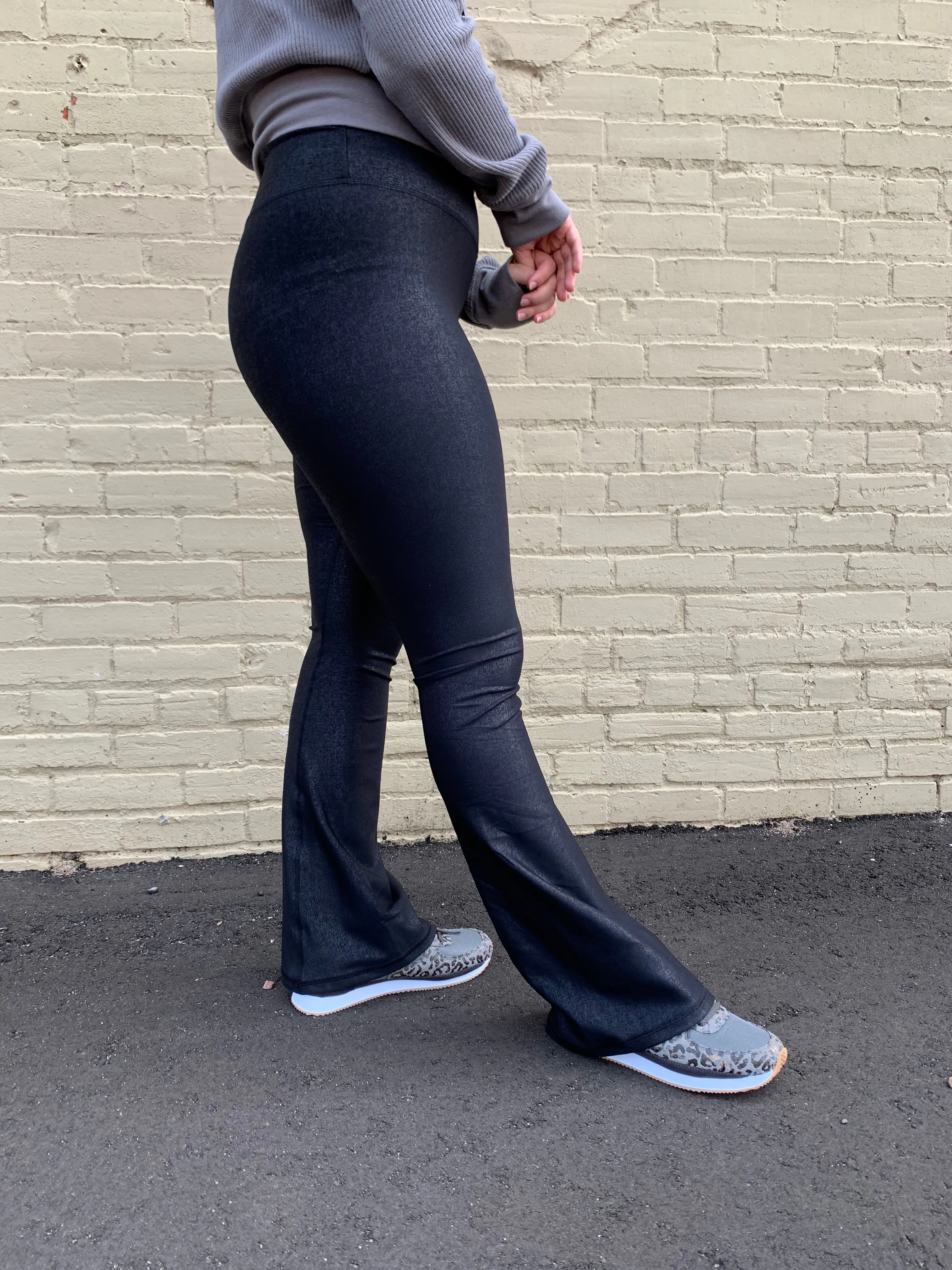Leather Look Crossover Flared Leggings