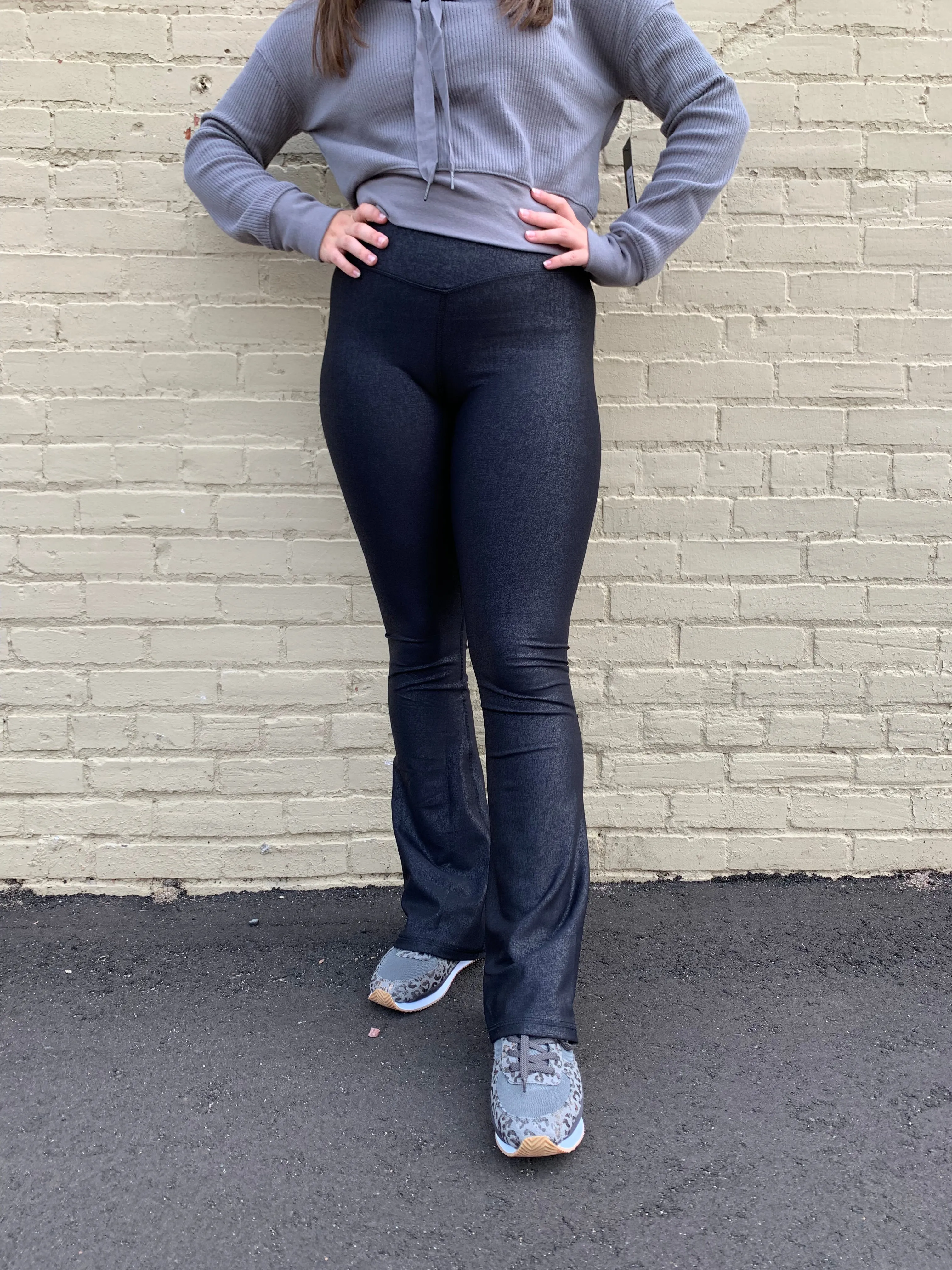 Leather Look Crossover Flared Leggings