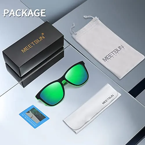 MEETSUN Polarized Sunglasses for Women Men Classic Retro Designer Style (Black-Green Frame/Green Mirrored Lens)