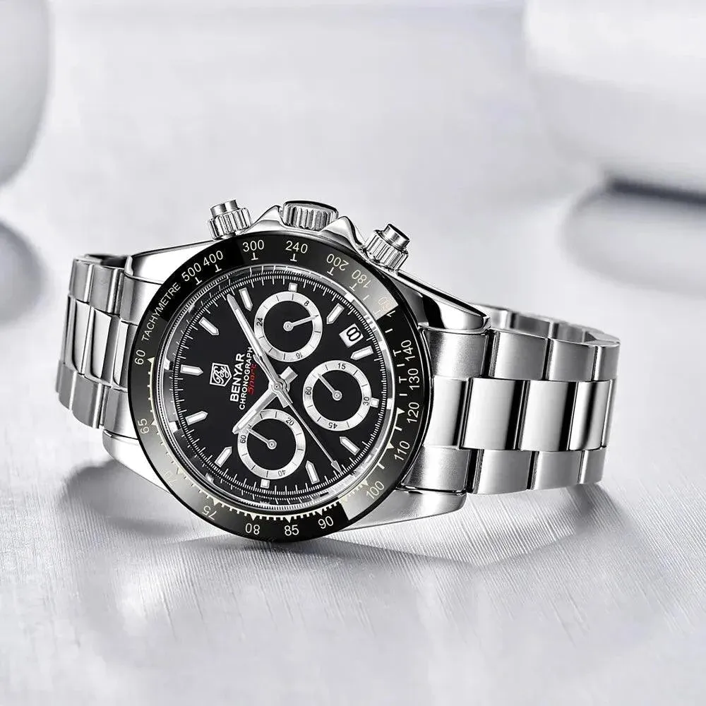 Mens Luxury Chronograph Stainless Steel Watch – Quartz Movement, Waterproof, and Shock Resistant