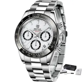 Mens Luxury Chronograph Stainless Steel Watch – Quartz Movement, Waterproof, and Shock Resistant