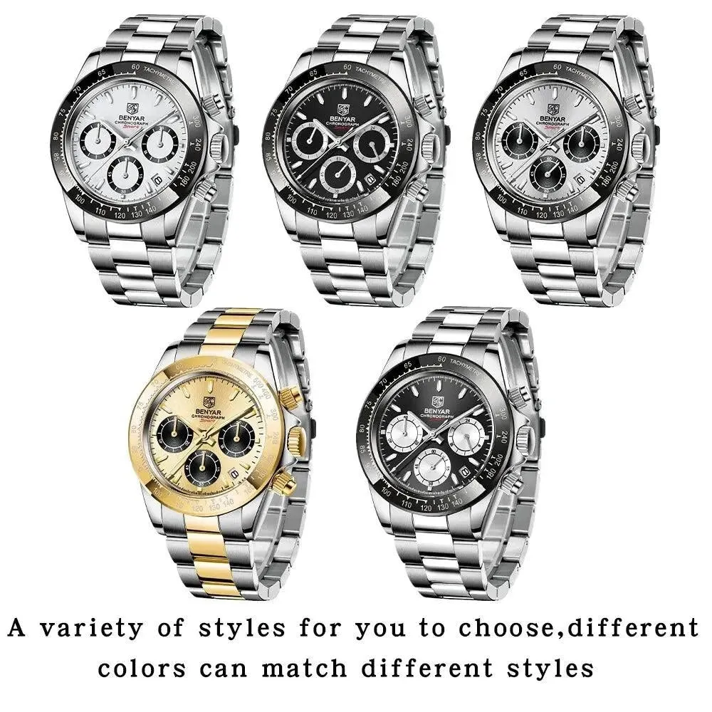 Mens Luxury Chronograph Stainless Steel Watch – Quartz Movement, Waterproof, and Shock Resistant