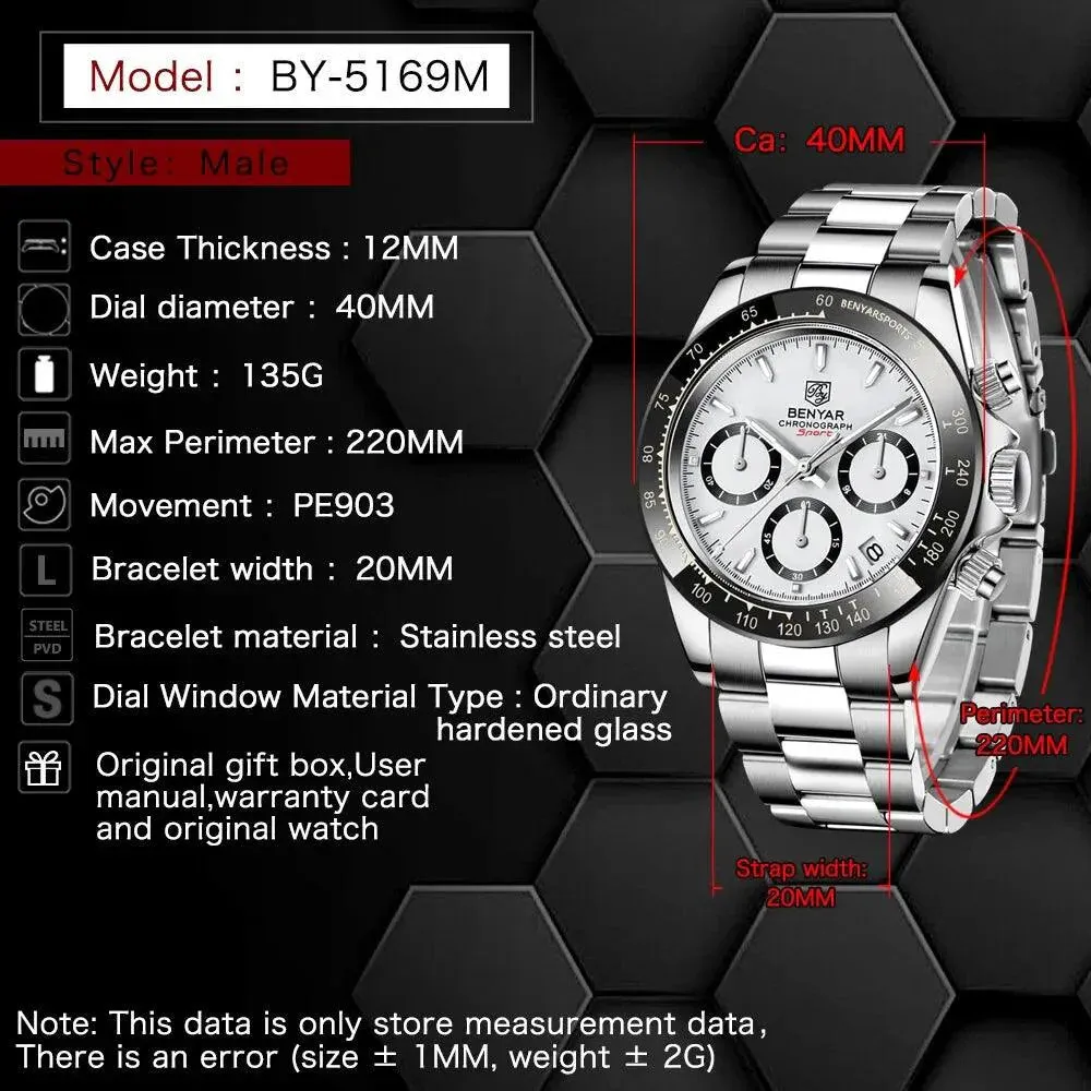 Mens Luxury Chronograph Stainless Steel Watch – Quartz Movement, Waterproof, and Shock Resistant