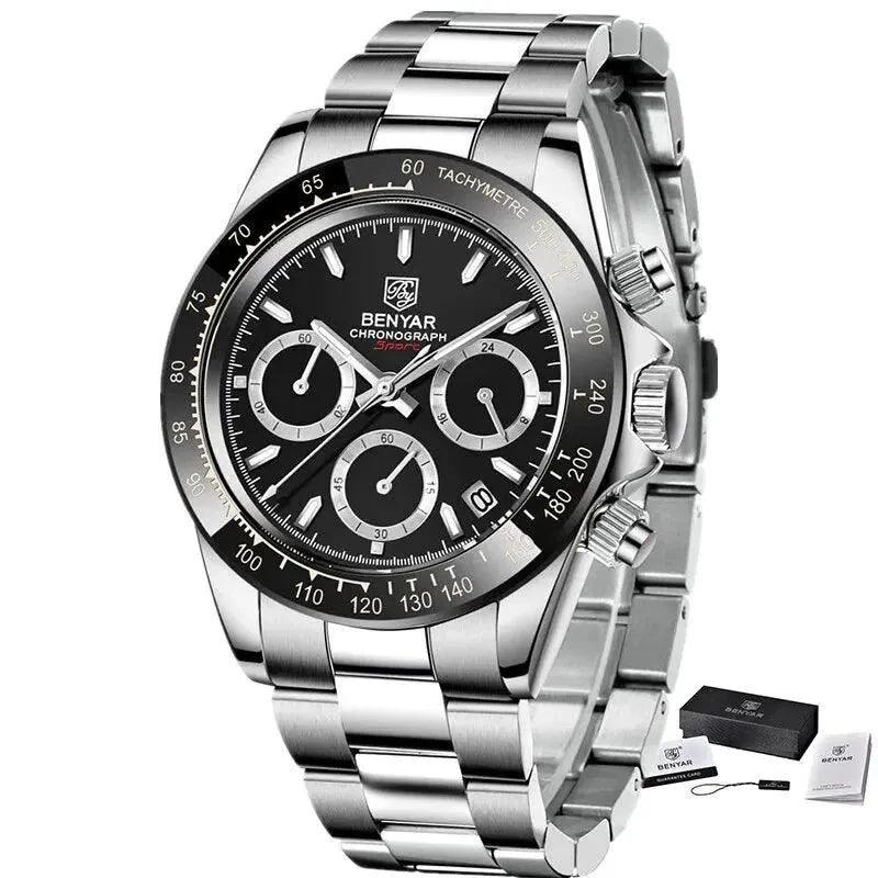 Mens Luxury Chronograph Stainless Steel Watch – Quartz Movement, Waterproof, and Shock Resistant