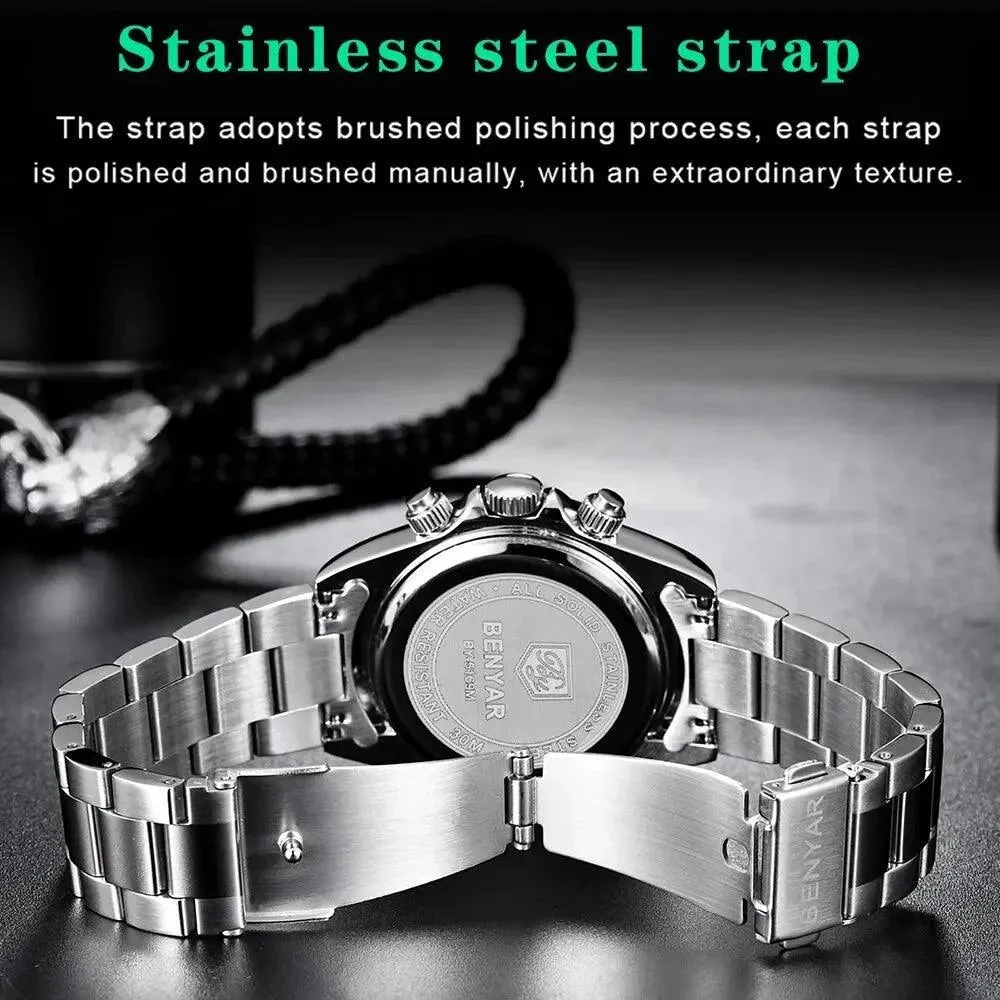 Mens Luxury Chronograph Stainless Steel Watch – Quartz Movement, Waterproof, and Shock Resistant