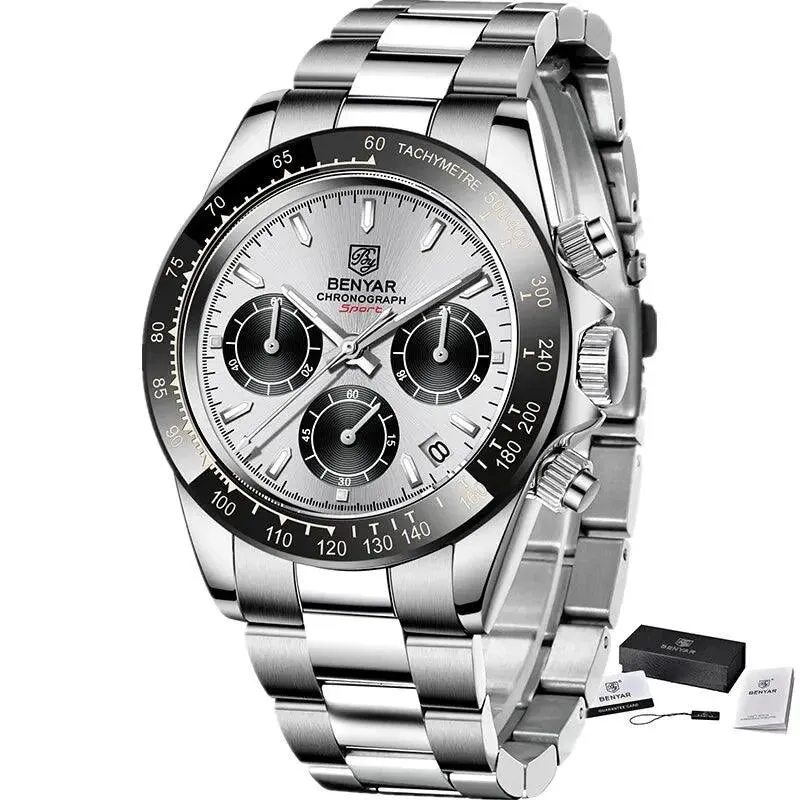 Mens Luxury Chronograph Stainless Steel Watch – Quartz Movement, Waterproof, and Shock Resistant