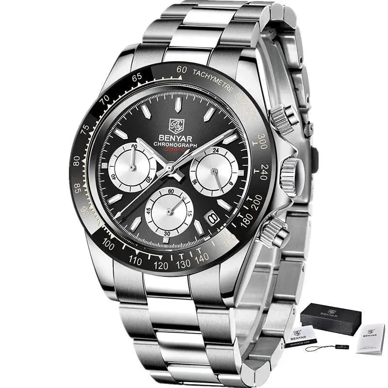 Mens Luxury Chronograph Stainless Steel Watch – Quartz Movement, Waterproof, and Shock Resistant