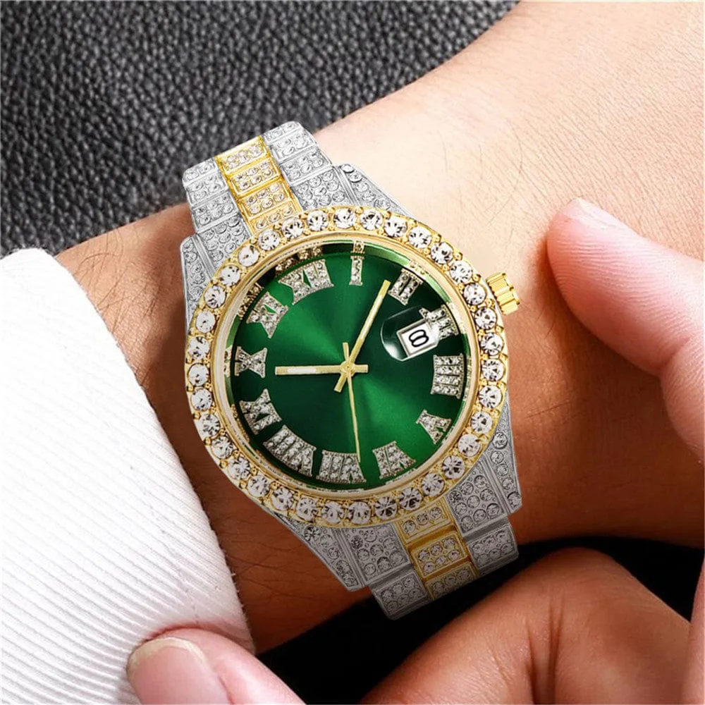 Men's Luxury Diamond Bezel Roman Numeral Wrist Watch