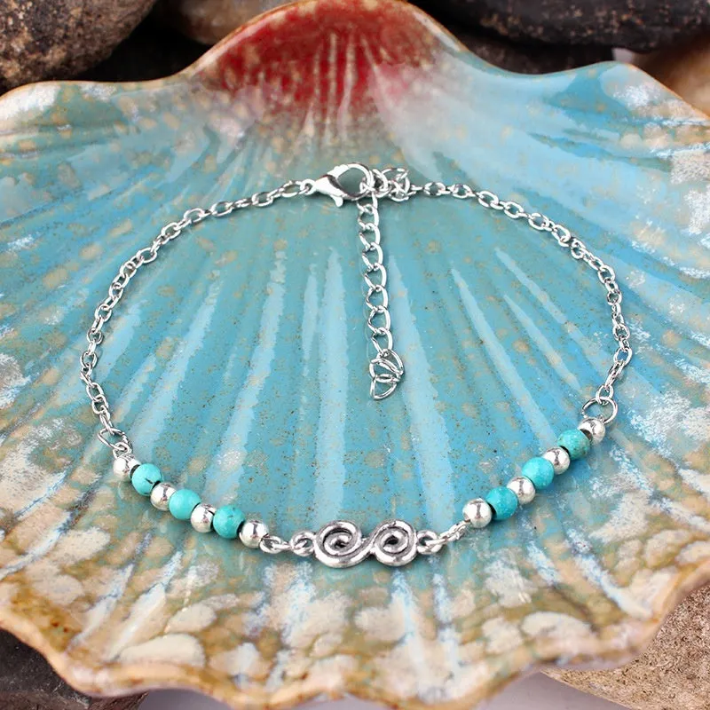 Natural Turquoises Beaded Anklets Spiral Alloy Guru Anklet Chain
